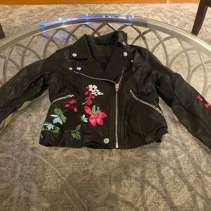 Girls Embroidered Faux Leather Jacket